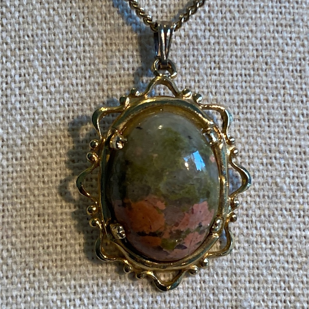 Gold Pendant Necklace with Multicolor Unakite Stone